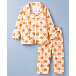 Babyhug Cotton Knit Full Sleeves Co-Ords Shirt & Pyjama Night Suit with Checks & Orange Print - Orange