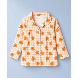 Babyhug Cotton Knit Full Sleeves Co-Ords Shirt & Pyjama Night Suit with Checks & Orange Print - Orange