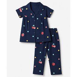 Babyhug 100% Cotton Knit Half Sleeves Co-Ords Shirt & Pyjama Night Suit with Polka Dots & Fruits Print - Navy Blue