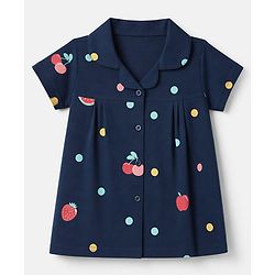 Babyhug 100% Cotton Knit Half Sleeves Co-Ords Shirt & Pyjama Night Suit with Polka Dots & Fruits Print - Navy Blue