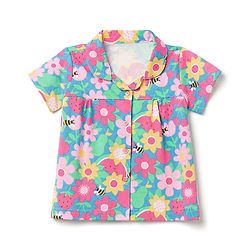 Babyhug 100% Cotton Knit Half Sleeves Co-Ords Shirt & Pyjama Night Suit with Floral Print - Dark Pink