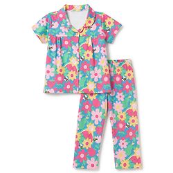 Babyhug 100% Cotton Knit Half Sleeves Co-Ords Shirt & Pyjama Night Suit with Floral Print - Dark Pink