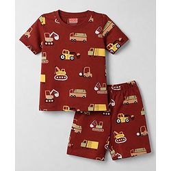 Babyhug Cotton Knit Half Sleeves T-Shirt & Shorts Night Suit With Vehicle Print - Maroon