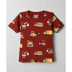 Babyhug Cotton Knit Half Sleeves T-Shirt & Shorts Night Suit With Vehicle Print - Maroon