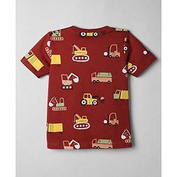 Babyhug Cotton Knit Half Sleeves T-Shirt & Shorts Night Suit With Vehicle Print - Maroon