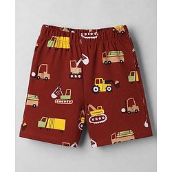 Babyhug Cotton Knit Half Sleeves T-Shirt & Shorts Night Suit With Vehicle Print - Maroon