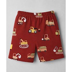 Babyhug Cotton Knit Half Sleeves T-Shirt & Shorts Night Suit With Vehicle Print - Maroon