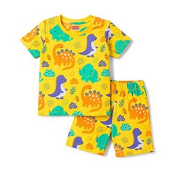 Babyhug 100% Cotton Knit Half Sleeves Dino Printed Co-Ords T-Shirt & Shorts Night Suit - Yellow