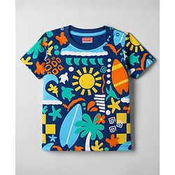 Babyhug 100% Cotton Knit Half Sleeves Beach Theme Printed Co-Ords T-Shirt & Shorts Night Suit - Navy Blue