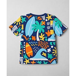 Babyhug 100% Cotton Knit Half Sleeves Beach Theme Printed Co-Ords T-Shirt & Shorts Night Suit - Navy Blue