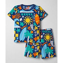 Babyhug 100% Cotton Knit Half Sleeves Beach Theme Printed Co-Ords T-Shirt & Shorts Night Suit - Navy Blue