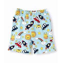 Babyhug 100% Cotton Knit Half Sleeves Space Theme Vehicles & Animal Printed Co-Ords T-Shirt & Shorts Night Suit - Light Blue