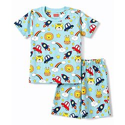 Babyhug 100% Cotton Knit Half Sleeves Space Theme Vehicles & Animal Printed Co-Ords T-Shirt & Shorts Night Suit - Light Blue