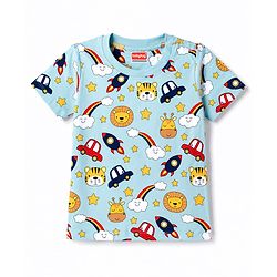 Babyhug 100% Cotton Knit Half Sleeves Space Theme Vehicles & Animal Printed Co-Ords T-Shirt & Shorts Night Suit - Light Blue