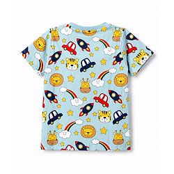 Babyhug 100% Cotton Knit Half Sleeves Space Theme Vehicles & Animal Printed Co-Ords T-Shirt & Shorts Night Suit - Light Blue