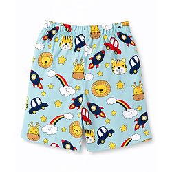 Babyhug 100% Cotton Knit Half Sleeves Space Theme Vehicles & Animal Printed Co-Ords T-Shirt & Shorts Night Suit - Light Blue