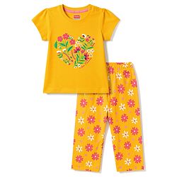 Babyhug 100% Cotton Knit Half Sleeves Floral Printed T-Shirt & Pyjama Night Suit - Yellow