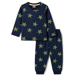 Babyhug 100% Cotton Knit Full Sleeves Star Printed Co-Ords T-Shirt & Pyjama Night Suit - Navy Blue