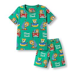 Babyhug 100% Cotton Knit Half Sleeves Animal & Nautical Theme Printed Co-Ords T-Shirt & Shorts Night Suit - Green