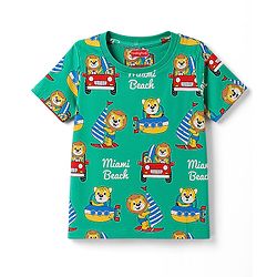 Babyhug 100% Cotton Knit Half Sleeves Animal & Nautical Theme Printed Co-Ords T-Shirt & Shorts Night Suit - Green