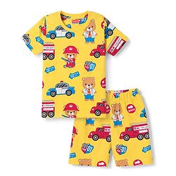 Babyhug 100% Cotton Knit Half Sleeves Emergency Vehicles & Bear Printed Co-Ords T-Shirt & Shorts Night Suit - Yellow