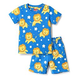 Babyhug 100% Cotton Knit Half Sleeves Lion & Star Printed Co-Ords T-Shirt & Shorts Night Suit - Blue