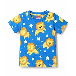 Babyhug 100% Cotton Knit Half Sleeves Lion & Star Printed Co-Ords T-Shirt & Shorts Night Suit - Blue