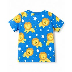 Babyhug 100% Cotton Knit Half Sleeves Lion & Star Printed Co-Ords T-Shirt & Shorts Night Suit - Blue