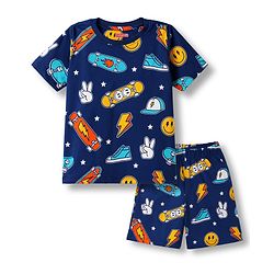 Babyhug 100% Cotton Knit Half Sleeves Sports Theme & Star Printed Co-Ords T-Shirt & Shorts Night Suit - Navy Blue