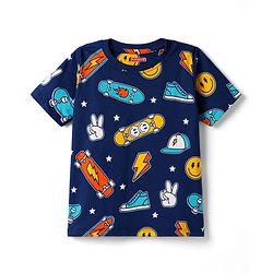 Babyhug 100% Cotton Knit Half Sleeves Sports Theme & Star Printed Co-Ords T-Shirt & Shorts Night Suit - Navy Blue