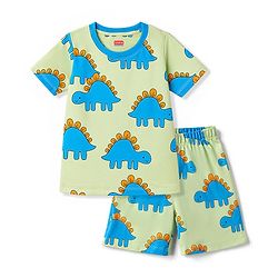 Babyhug 100% Cotton Knit Half Sleeves T-Shirt & Shorts Night Suit With Dino Print - Green