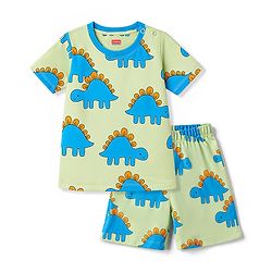 Babyhug 100% Cotton Knit Half Sleeves T-Shirt & Shorts Night Suit With Dino Print - Green