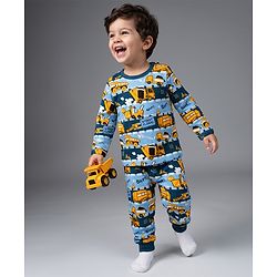 Babyhug 100% Cotton Knit Full Sleeves JCB Printed Co-Ords T-Shirt & Pyjama Night Suit - Multicolour