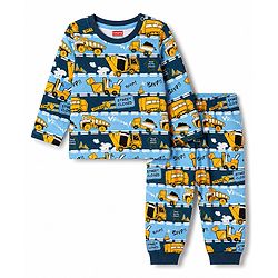 Babyhug 100% Cotton Knit Full Sleeves JCB Printed Co-Ords T-Shirt & Pyjama Night Suit - Multicolour