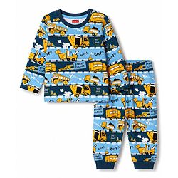 Babyhug 100% Cotton Knit Full Sleeves JCB Printed Co-Ords T-Shirt & Pyjama Night Suit - Multicolour