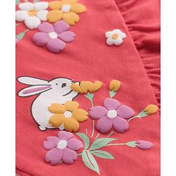 Babyhug 100% Cotton Knit Full Sleeves Bunny Printed & Floral Applique T-Shirt With Frill Detailing - Red