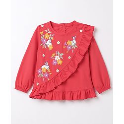 Babyhug 100% Cotton Knit Full Sleeves Bunny Printed & Floral Applique T-Shirt With Frill Detailing - Red