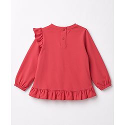 Babyhug 100% Cotton Knit Full Sleeves Bunny Printed & Floral Applique T-Shirt With Frill Detailing - Red