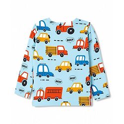 Babyhug 100% Cotton Knit Full Sleeves Vehicles Printed Co-Ords T-Shirt & Pyjama Night Suit - Light Blue