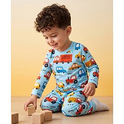 Babyhug 100% Cotton Knit Full Sleeves Vehicles Printed Co-Ords T-Shirt & Pyjama Night Suit - Light Blue