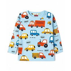 Babyhug 100% Cotton Knit Full Sleeves Vehicles Printed Co-Ords T-Shirt & Pyjama Night Suit - Light Blue
