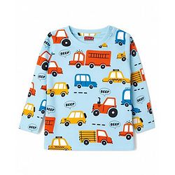 Babyhug 100% Cotton Knit Full Sleeves Vehicles Printed Co-Ords T-Shirt & Pyjama Night Suit - Light Blue