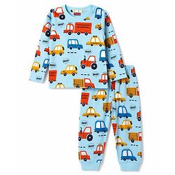 Babyhug 100% Cotton Knit Full Sleeves Vehicles Printed Co-Ords T-Shirt & Pyjama Night Suit - Light Blue