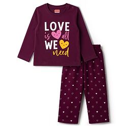 Babyhug Cotton Knit Full Sleevess Love Text Printed T-Shirt & Pyjama Night Suit - Maroon