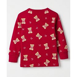Babyhug Cotton Mix Knit Solid Vest & Pant Thermal Set with Full Sleeves & Teddy Bear Print - Maroon