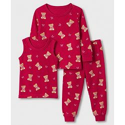 Babyhug Cotton Mix Knit Solid Vest & Pant Thermal Set with Full Sleeves & Teddy Bear Print - Maroon