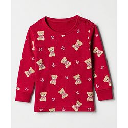Babyhug Cotton Mix Knit Solid Vest & Pant Thermal Set with Full Sleeves & Teddy Bear Print - Maroon
