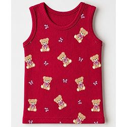 Babyhug Cotton Mix Knit Solid Vest & Pant Thermal Set with Full Sleeves & Teddy Bear Print - Maroon