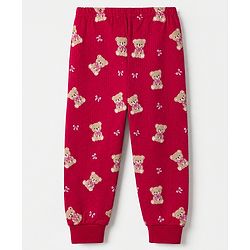 Babyhug Cotton Mix Knit Solid Vest & Pant Thermal Set with Full Sleeves & Teddy Bear Print - Maroon
