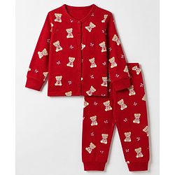 Babyhug Cotton Mix Knit Full Sleeves Vest and Pant Thermal Inner Wear Set with Full Length and Bear Print in Maroon